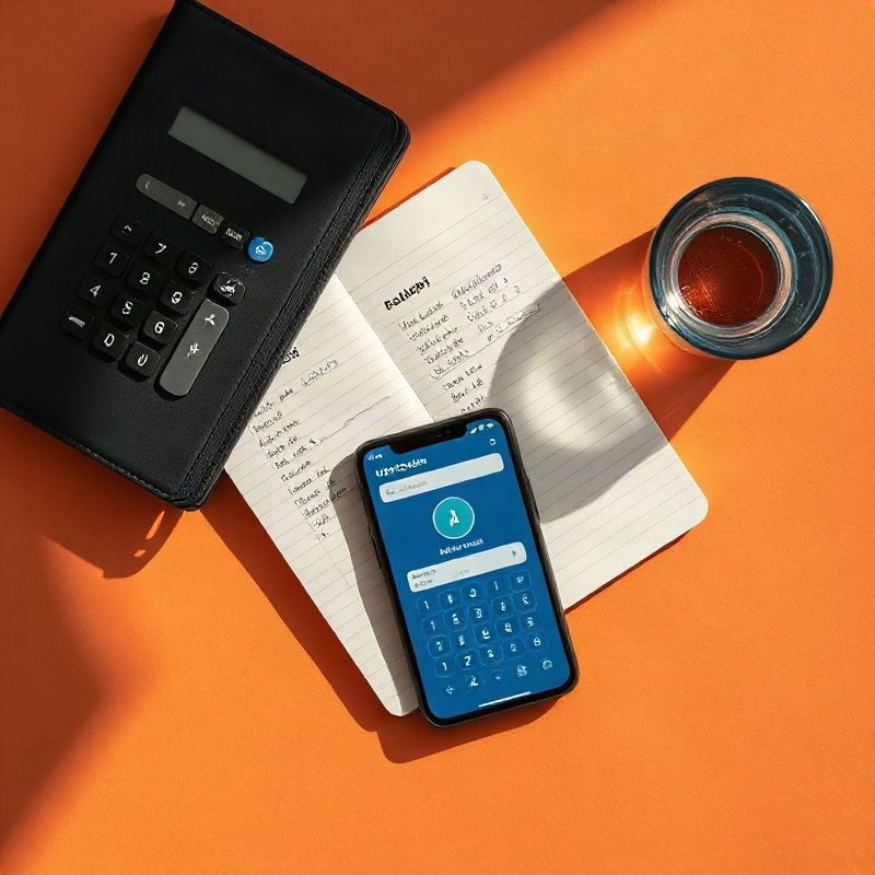Overhead flat-lay of a KES budget notebook, an M-Pesa balance screen and a glass of water on a warm ochre surface
